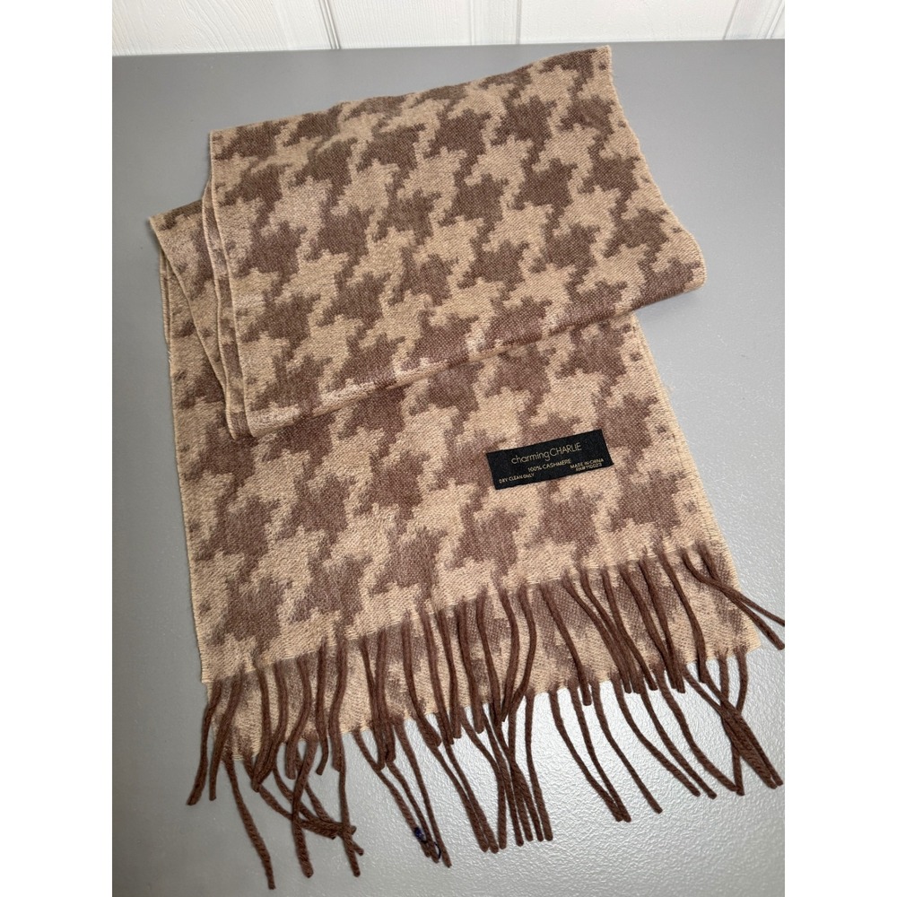 Charming Charlie 100% Cashmere Houndstooth Scarf Brown Tan Fringe Trim